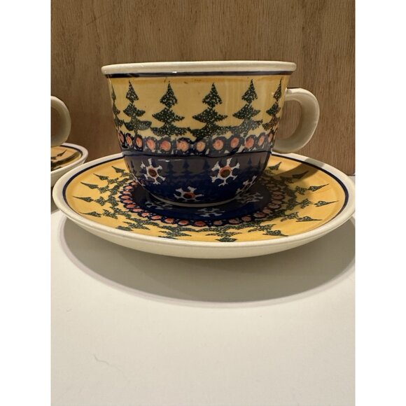 2 Boleslawiec polish Art pottery  Tea Coffee Cup Mug Christmas  Tree Snow Flake - Picture 2 of 4